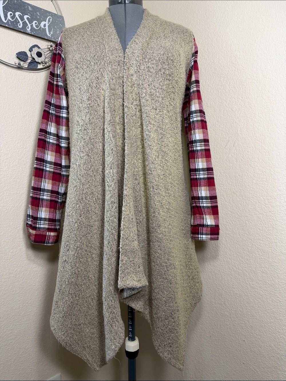 Altar'd State Mixed Media Cardigan Plaid Sleeves Bouclé Knit Draped Jacket M